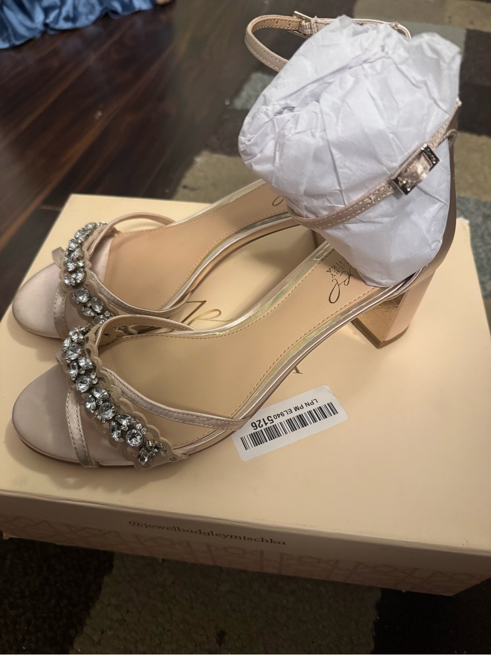 Blush Crystal-Embellished Block Heel Sandals with Ankle Strap